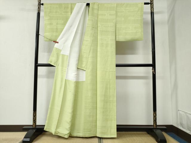 平和屋着物●上質な色無地　エ霞更紗花地紋　若菜色　正絹　逸品　CABB4498yc