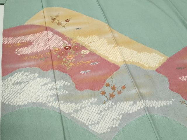 平和屋着物○訪問着 絞り 刺繍 遠山エ霞草花文 金彩 正絹 逸品