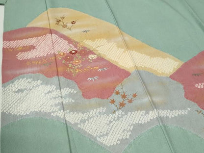 平和屋着物●訪問着　絞り　刺繍　遠山エ霞草花文　金彩　正絹　逸品　CABB4501yc