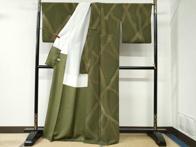 平和屋着物●小堀三千尋　小紋　手描き　緑茶染　菱文　正絹　逸品　CABB4504yc 平和屋着物○小堀三千尋 小紋 手描き 緑茶染 菱文 正絹 逸品