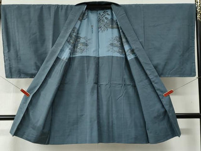 平和屋着物●男性　紬　アンサンブル　色無地　藍鼠色　キングサイズ　正絹　逸品　未使用　CABB4529yc