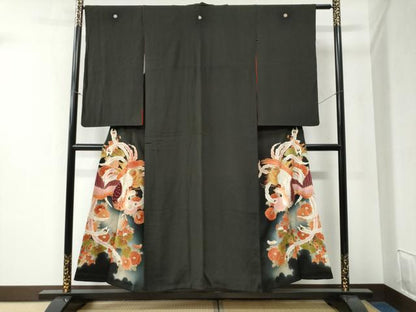 平和屋着物●アンティーク 大正ロマン 黒留袖 駒刺繍 鳳凰草花文 暈し染め 金彩 正絹 逸品 CABB4535yc