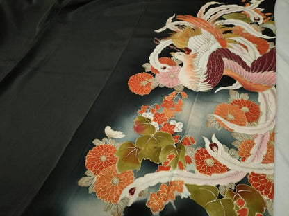 平和屋着物●アンティーク 大正ロマン 黒留袖 駒刺繍 鳳凰草花文 暈し染め 金彩 正絹 逸品 CABB4535yc