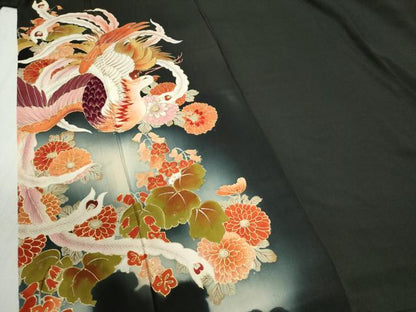 平和屋着物●アンティーク 大正ロマン 黒留袖 駒刺繍 鳳凰草花文 暈し染め 金彩 正絹 逸品 CABB4535yc