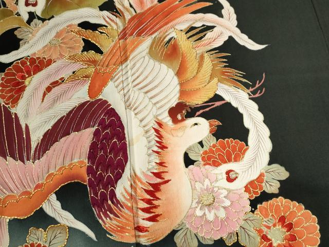 平和屋着物●アンティーク 大正ロマン 黒留袖 駒刺繍 鳳凰草花文 暈し染め 金彩 正絹 逸品 CABB4535yc