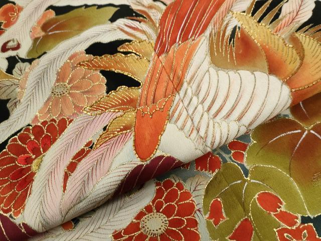 平和屋着物●アンティーク 大正ロマン 黒留袖 駒刺繍 鳳凰草花文 暈し染め 金彩 正絹 逸品 CABB4535yc