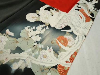 平和屋着物●アンティーク 大正ロマン 黒留袖 駒刺繍 鳳凰草花文 暈し染め 金彩 正絹 逸品 CABB4535yc