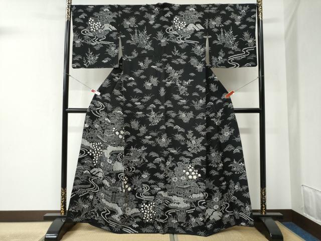 平和屋着物●訪問着 絞り 流水松竹梅風景花文 黒地 正絹 逸品 CABB4544yc