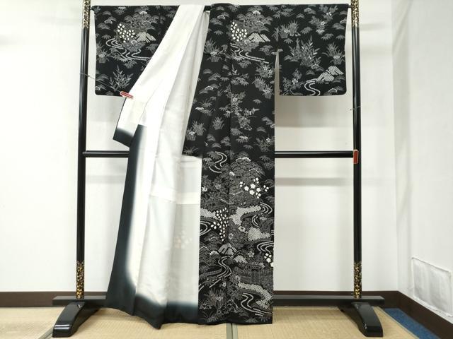 平和屋着物●訪問着 絞り 流水松竹梅風景花文 黒地 正絹 逸品 CABB4544yc