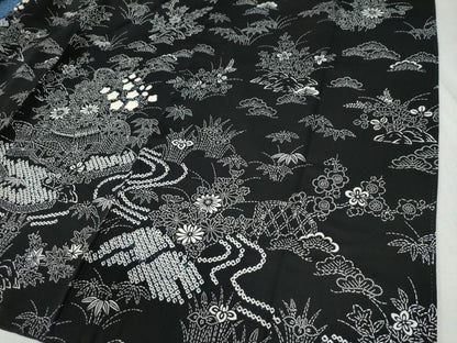平和屋着物●訪問着 絞り 流水松竹梅風景花文 黒地 正絹 逸品 CABB4544yc