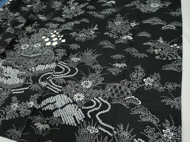 平和屋着物●訪問着 絞り 流水松竹梅風景花文 黒地 正絹 逸品 CABB4544yc