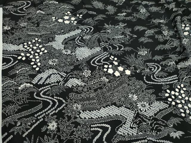 平和屋着物●訪問着 絞り 流水松竹梅風景花文 黒地 正絹 逸品 CABB4544yc