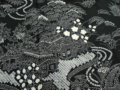 平和屋着物●訪問着 絞り 流水松竹梅風景花文 黒地 正絹 逸品 CABB4544yc