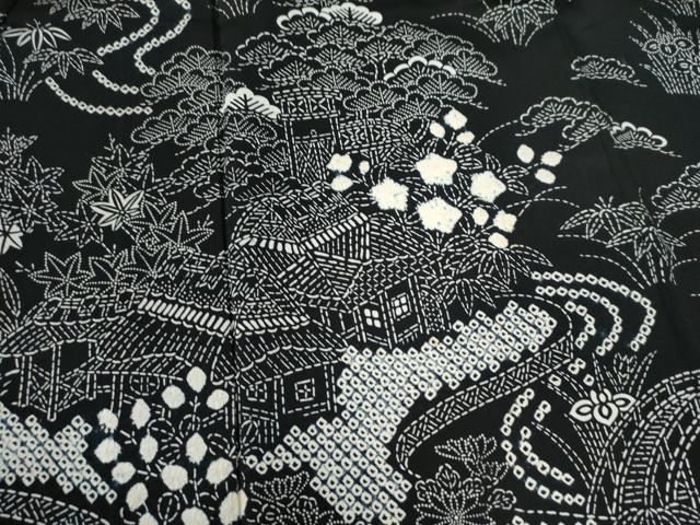 平和屋着物●訪問着 絞り 流水松竹梅風景花文 黒地 正絹 逸品 CABB4544yc