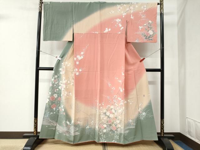 平和屋着物●十日町友禅作家 松雨 訪問着 鷺草花文 暈し染め 正絹 逸品 CABB4555yc