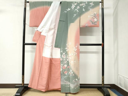 平和屋着物●十日町友禅作家 松雨 訪問着 鷺草花文 暈し染め 正絹 逸品 CABB4555yc