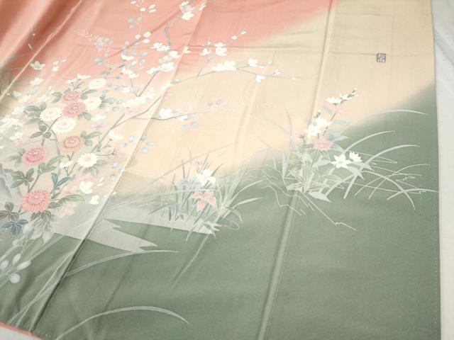 平和屋着物●十日町友禅作家 松雨 訪問着 鷺草花文 暈し染め 正絹 逸品 CABB4555yc
