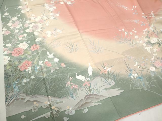 平和屋着物●十日町友禅作家 松雨 訪問着 鷺草花文 暈し染め 正絹 逸品 CABB4555yc