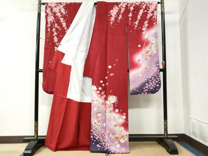 平和屋着物●豪華振袖 駒刺繍 雪輪毬舞花文 暈し染め 金彩 正絹 逸品 CABB4558yc
