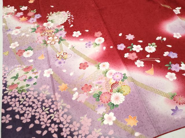 平和屋着物●豪華振袖 駒刺繍 雪輪毬舞花文 暈し染め 金彩 正絹 逸品 CABB4558yc