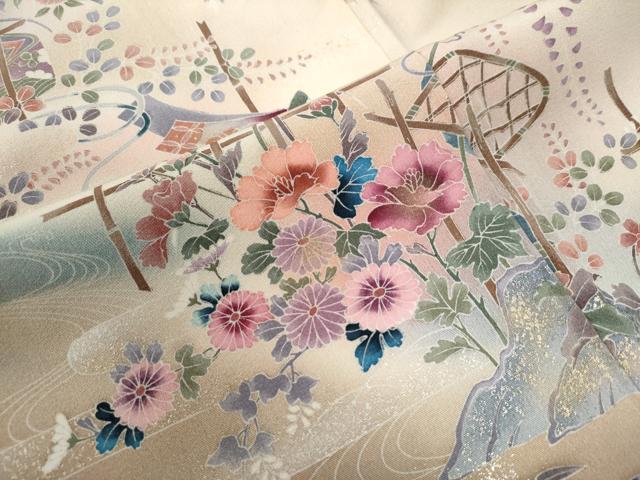 平和屋着物●訪問着 短冊竹垣草花文 暈し染め 金彩 正絹 逸品 CABB4562yc