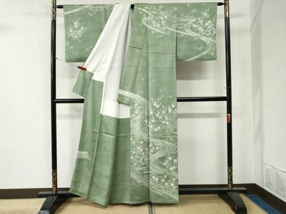 平和屋着物●創業460年・千總　訪問着　絞り　流水雲取り風景草花文　松坂屋扱い　反端付き　正絹　逸品　CABB4569yc