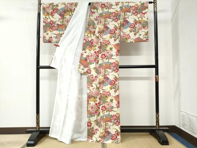平和屋着物●小紋　地紙吉祥牡丹花文　洗える着物　CABB4586yc