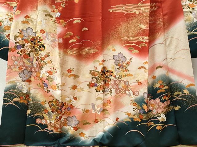 平和屋着物●豪華振袖 駒刺繍 吉祥花蝶文 暈し染め 金彩 正絹 逸品 CABB4590yc