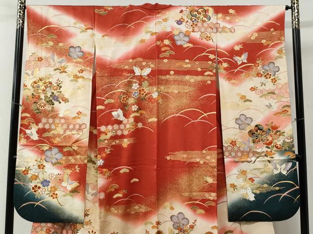 平和屋着物●豪華振袖 駒刺繍 吉祥花蝶文 暈し染め 金彩 正絹 逸品 CABB4590yc