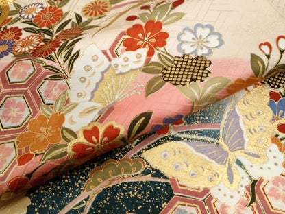 平和屋着物●豪華振袖 駒刺繍 吉祥花蝶文 暈し染め 金彩 正絹 逸品 CABB4590yc