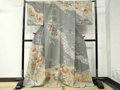 平和屋着物●訪問着　駒刺繍　絞り　道長吉祥草花文　金彩　正絹　逸品　CABB4592yc
