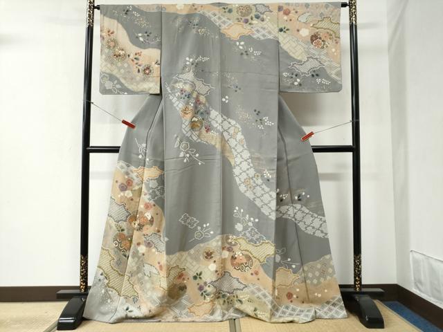 平和屋着物●訪問着　駒刺繍　絞り　道長吉祥草花文　金彩　正絹　逸品　CABB4592yc