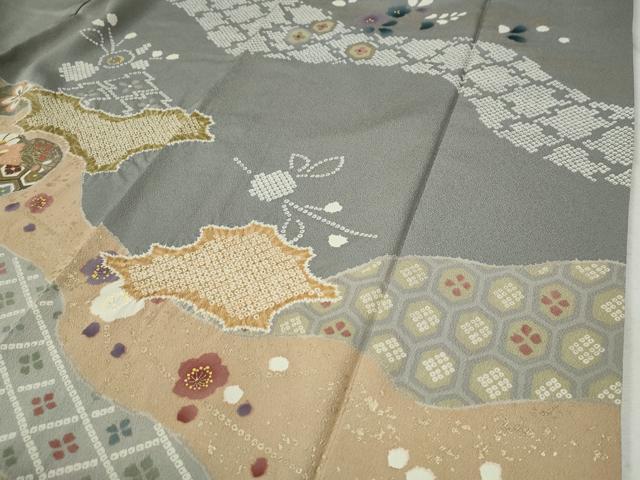 平和屋着物●訪問着　駒刺繍　絞り　道長吉祥草花文　金彩　正絹　逸品　CABB4592yc