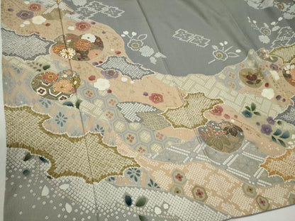平和屋着物●訪問着　駒刺繍　絞り　道長吉祥草花文　金彩　正絹　逸品　CABB4592yc