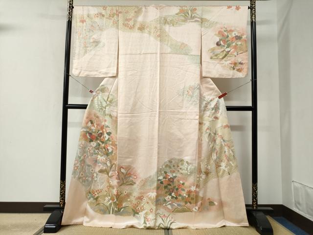 平和屋着物●訪問着　駒刺繍　草花文　金彩　ロング丈　正絹　逸品　CABB4595yc