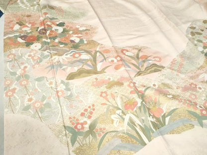 平和屋着物●訪問着　駒刺繍　草花文　金彩　ロング丈　正絹　逸品　CABB4595yc