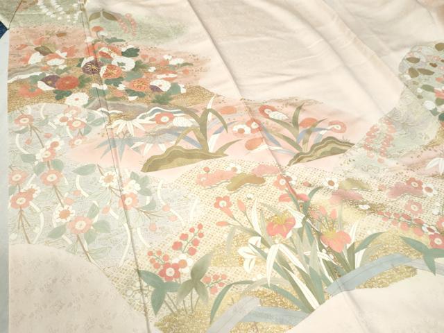 平和屋着物●訪問着　駒刺繍　草花文　金彩　ロング丈　正絹　逸品　CABB4595yc