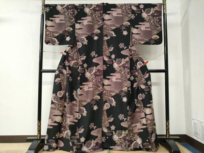 平和屋着物●小紋 エ霞舞花文 黒地 洗える着物 CABB4608yc