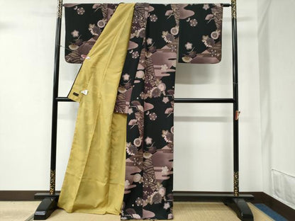 平和屋着物●小紋 エ霞舞花文 黒地 洗える着物 CABB4608yc