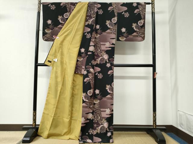 平和屋着物●小紋 エ霞舞花文 黒地 洗える着物 CABB4608yc