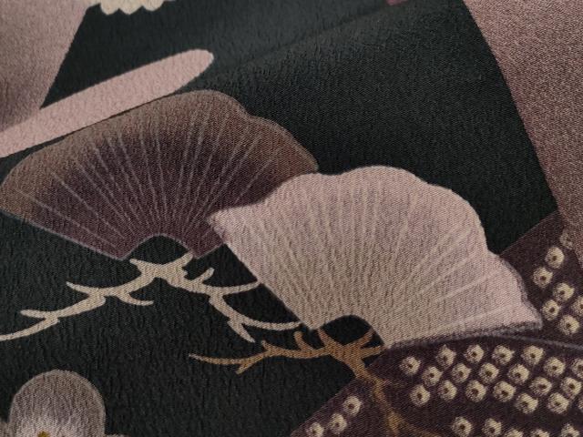 平和屋着物●小紋 エ霞舞花文 黒地 洗える着物 CABB4608yc