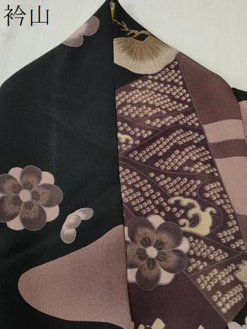 平和屋着物●小紋 エ霞舞花文 黒地 洗える着物 CABB4608yc