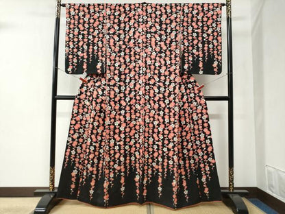 平和屋着物●訪問着　枝梅文　黒地　正絹　逸品　CABB4610yc