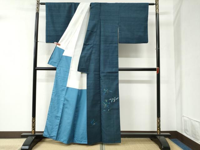 平和屋着物●西陣　宮階織物　宮繍苑　里葉　訪問着　紬地　枝花文　銀糸　正絹　逸品　CABB4614yc 平和屋着物○西陣 宮階織物 宮繍苑 里葉 訪問着 紬
