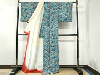 平和屋着物●上質な小紋 紅型 花蝶文 鬼しぼ縮緬 正絹 逸品 CABB4619yc