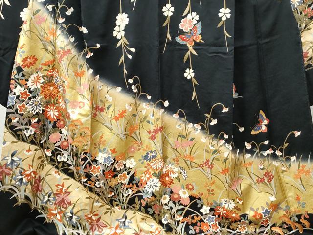 平和屋着物●豪華振袖 駒刺繍 花蝶文 暈し染め 黒地 金彩 正絹 逸品 CABB4621yc