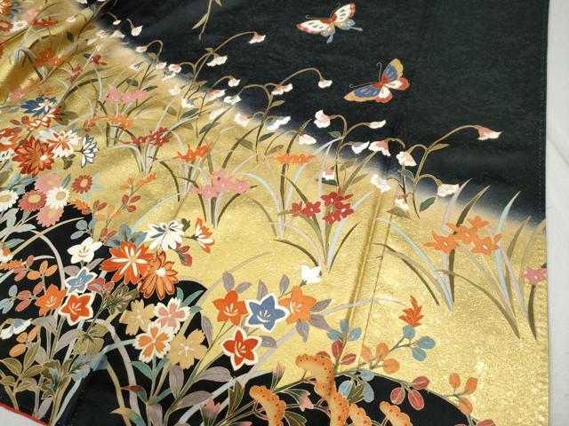 平和屋着物●豪華振袖 駒刺繍 花蝶文 暈し染め 黒地 金彩 正絹 逸品 CABB4621yc