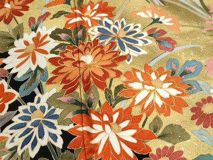 平和屋着物●豪華振袖 駒刺繍 花蝶文 暈し染め 黒地 金彩 正絹 逸品 CABB4621yc