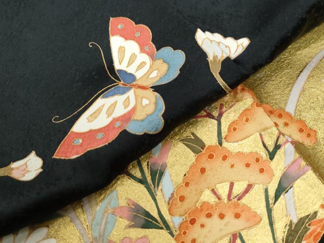 平和屋着物●豪華振袖 駒刺繍 花蝶文 暈し染め 黒地 金彩 正絹 逸品 CABB4621yc