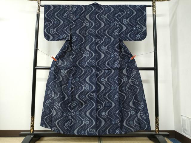 平和屋着物●久留米絣 単衣 立波草花文 綿 逸品 CABB4627yc
